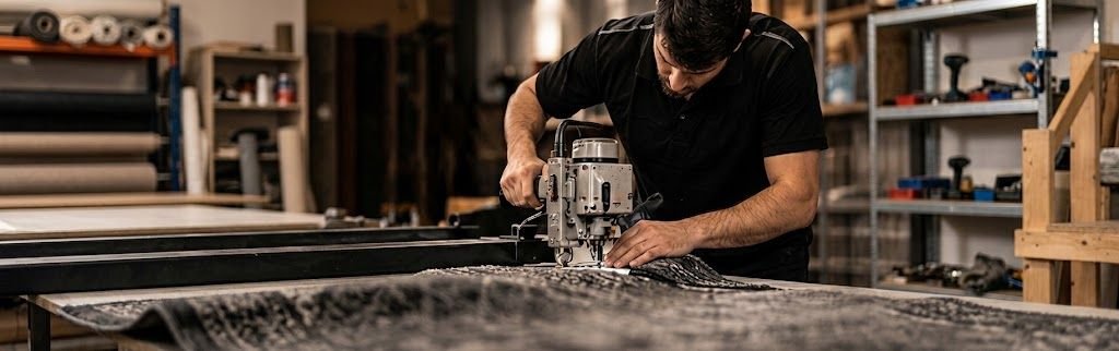 Atölyede halı kesim makinesiyle çalışan usta